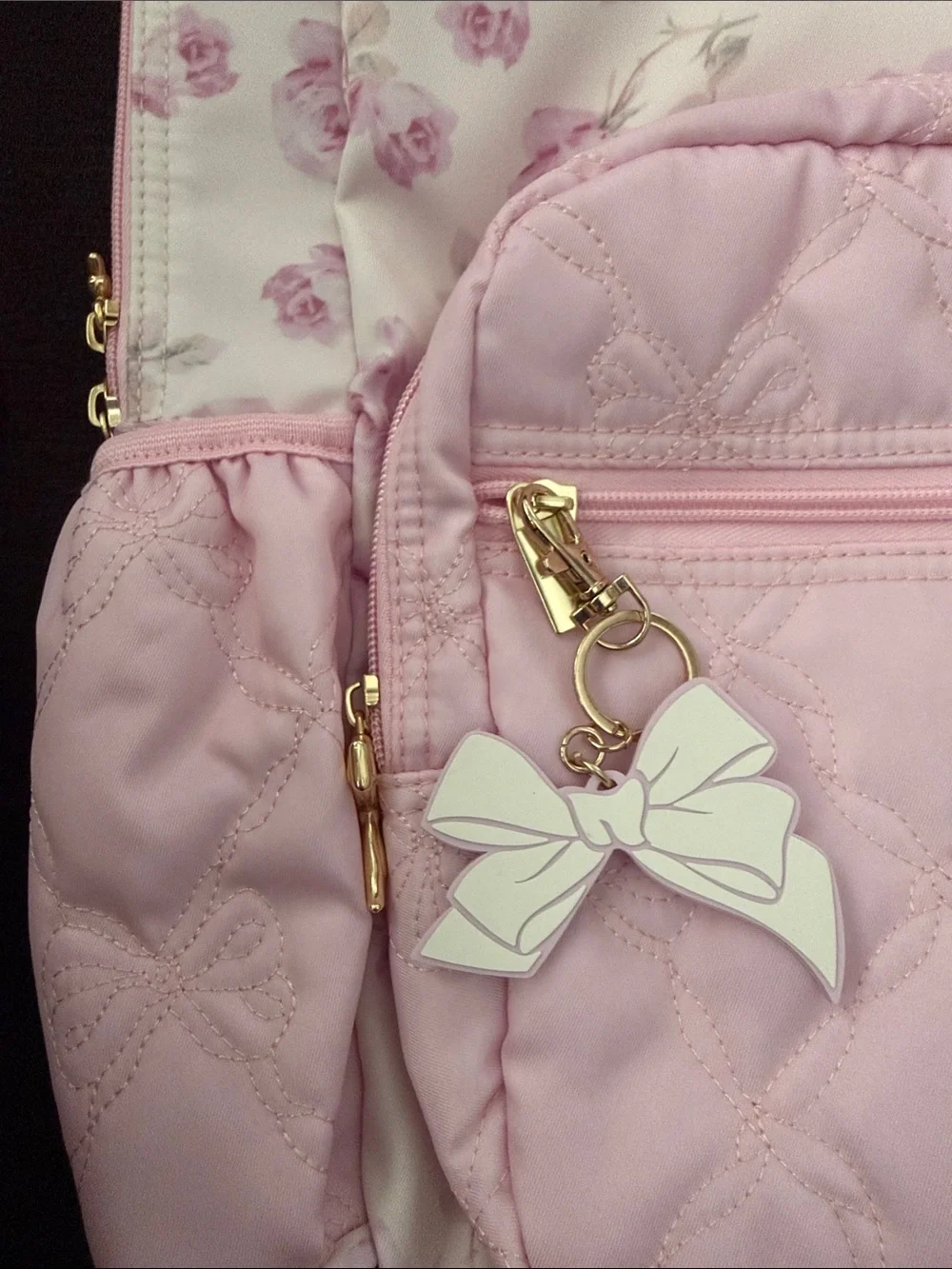 LoveShackFancy Pink Floral Quilted Kids Backpack with Bow Charm